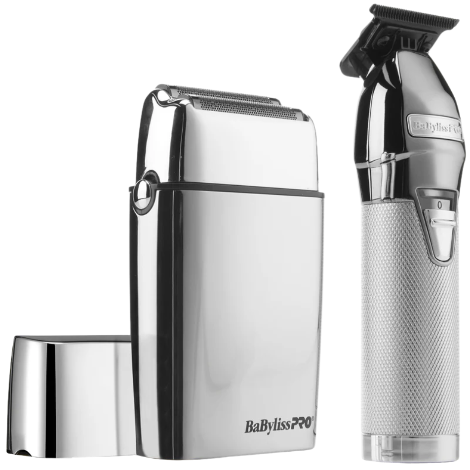 BaBylissPRO Limited Edition Silver Trimmer & Double Foil Shaver Combo – Premium Professional Grooming Set (FXDUOFS2TS)
