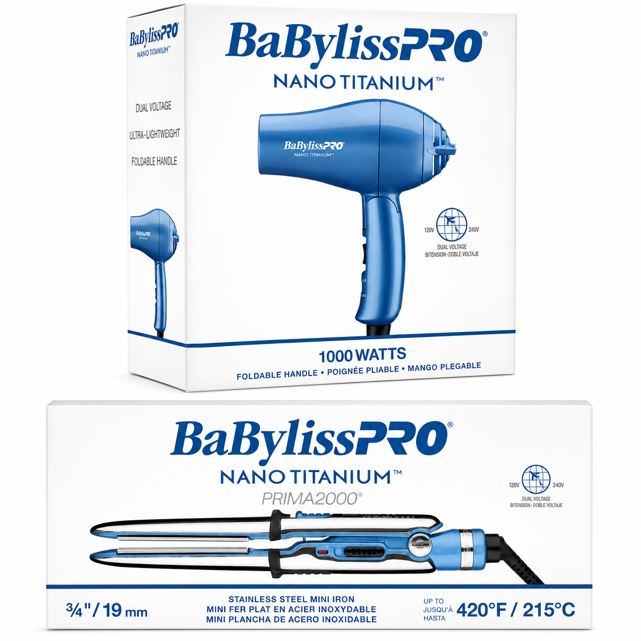 BaBylissPRO Nano Titanium Travel Dryer & Prima2000 Mini Iron Combo Set BNT053TUC + BNT2000UC