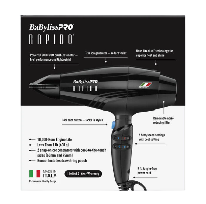 BaBylissPRO RAPIDO Blow Dryer 2000 Watts Black BRAP1