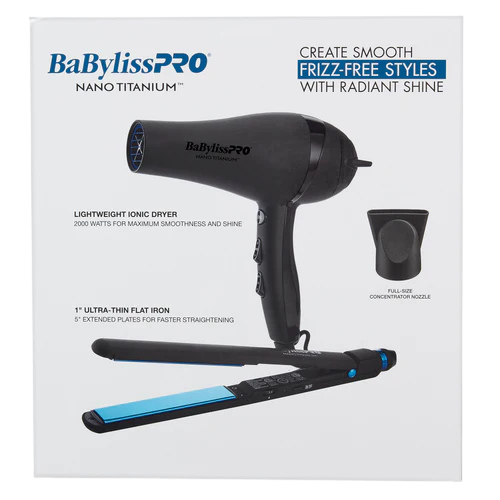 BaBylissPRO BNTPPMB415 Nano Titanium Lightweight Ionic Dryer & 1" Ultra‑Thin Flat Iron Set – Matte Black