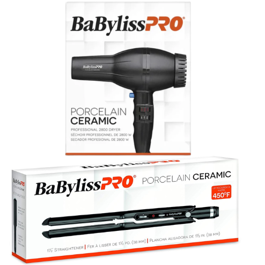 BaBylissPRO Ceramic 1" Straightening Iron + 2000W Porcelain Ceramic Dryer BP2800N+BP9559UC