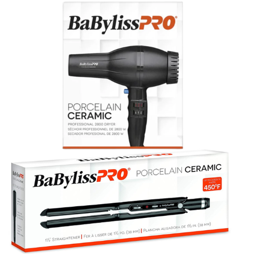 BaBylissPRO Ceramic 1" Straightening Iron + 2000W Porcelain Ceramic Dryer BP2800N+BP9559UC