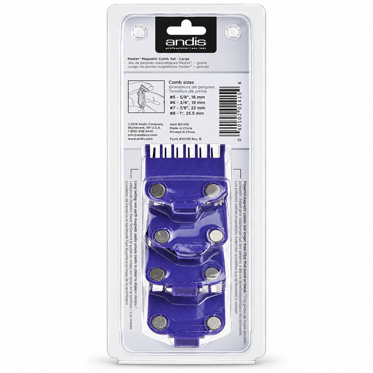 Andis Master Dual Magnet Large 4-Piece Purple Clipper Comb Set #01415
