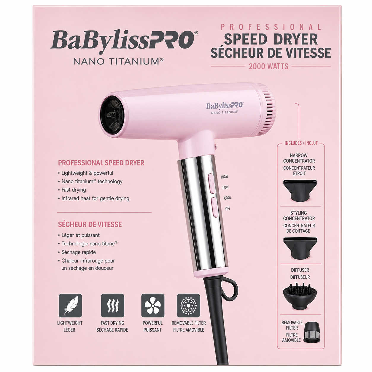 BaBylissPRO Limited Edition Nano Titanium Nano Light Ionic High-Speed Hair Dryer Pink BNTC9200PK