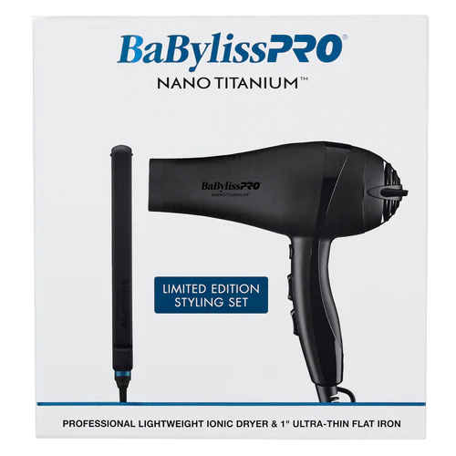 BaBylissPRO BNTPPMB415 Nano Titanium Lightweight Ionic Dryer & 1" Ultra‑Thin Flat Iron Set – Matte Black