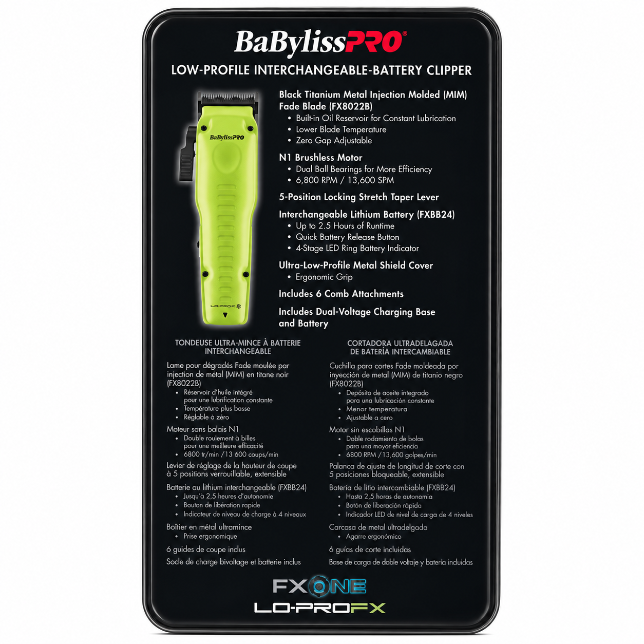 BaBylissPRO FXONE Lo-ProFX Neon Yellow Interchangeable Battery Clipper Tool Only FX829YLT