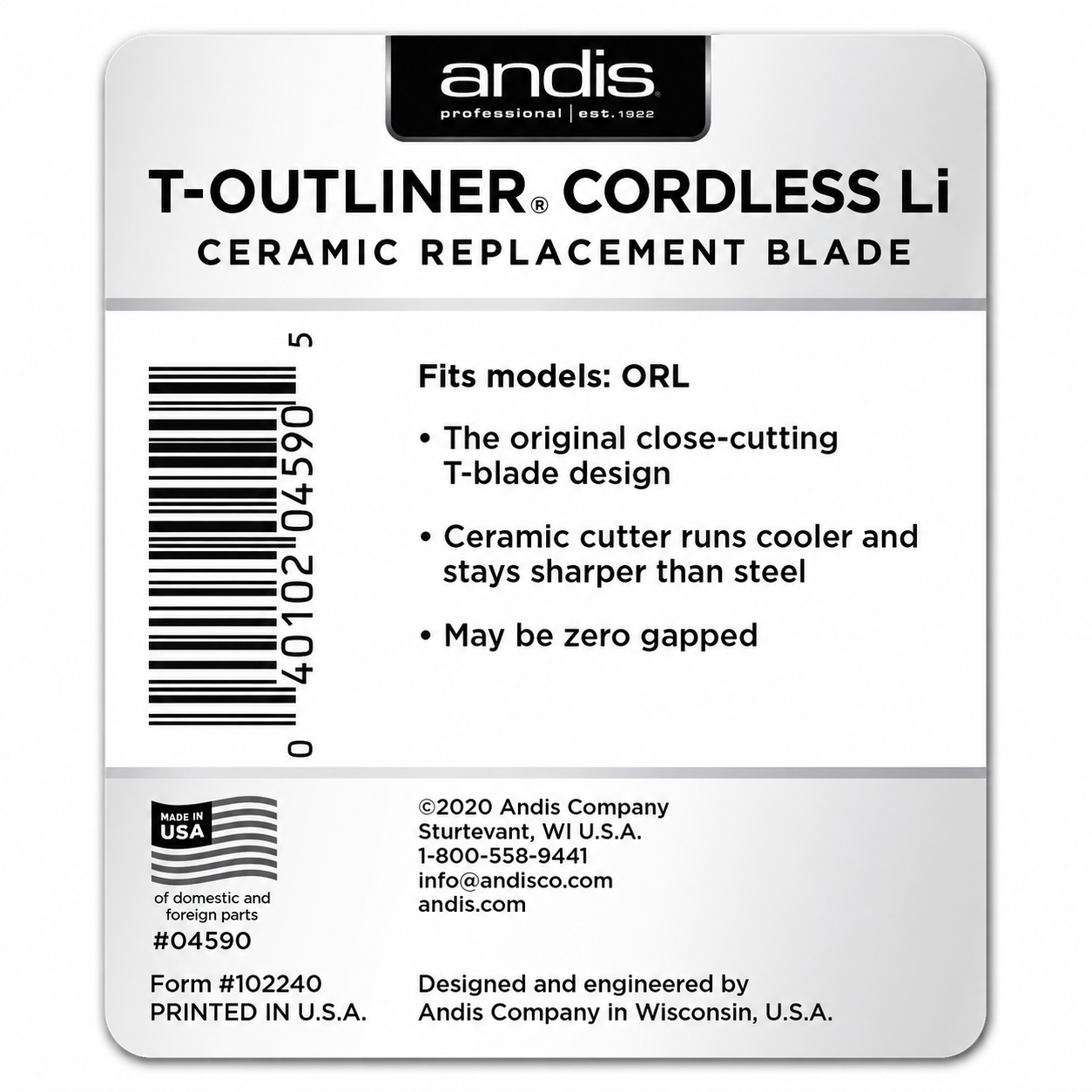 Andis Ceramic Trimmer Blade T-Outliner Cordless Li Replacement Blade 04590