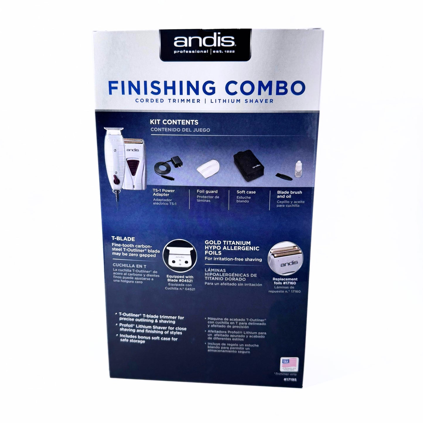 Andis  Finishing Combo T-Outliner Trimmer and Pro Foil Shaver 17195 back of box
