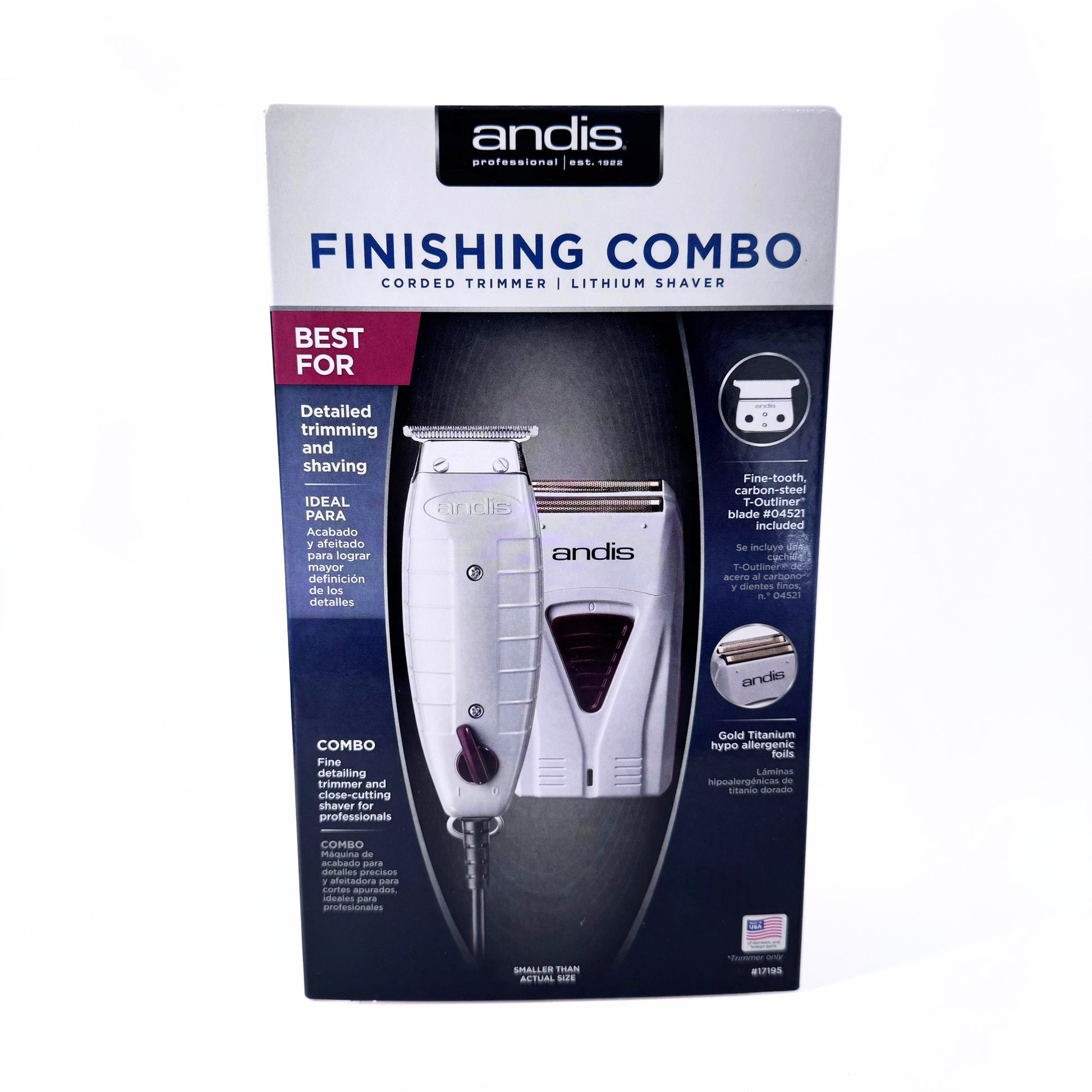 Andis  Finishing Combo T-Outliner Trimmer and Pro Foil Shaver 17195 front of box