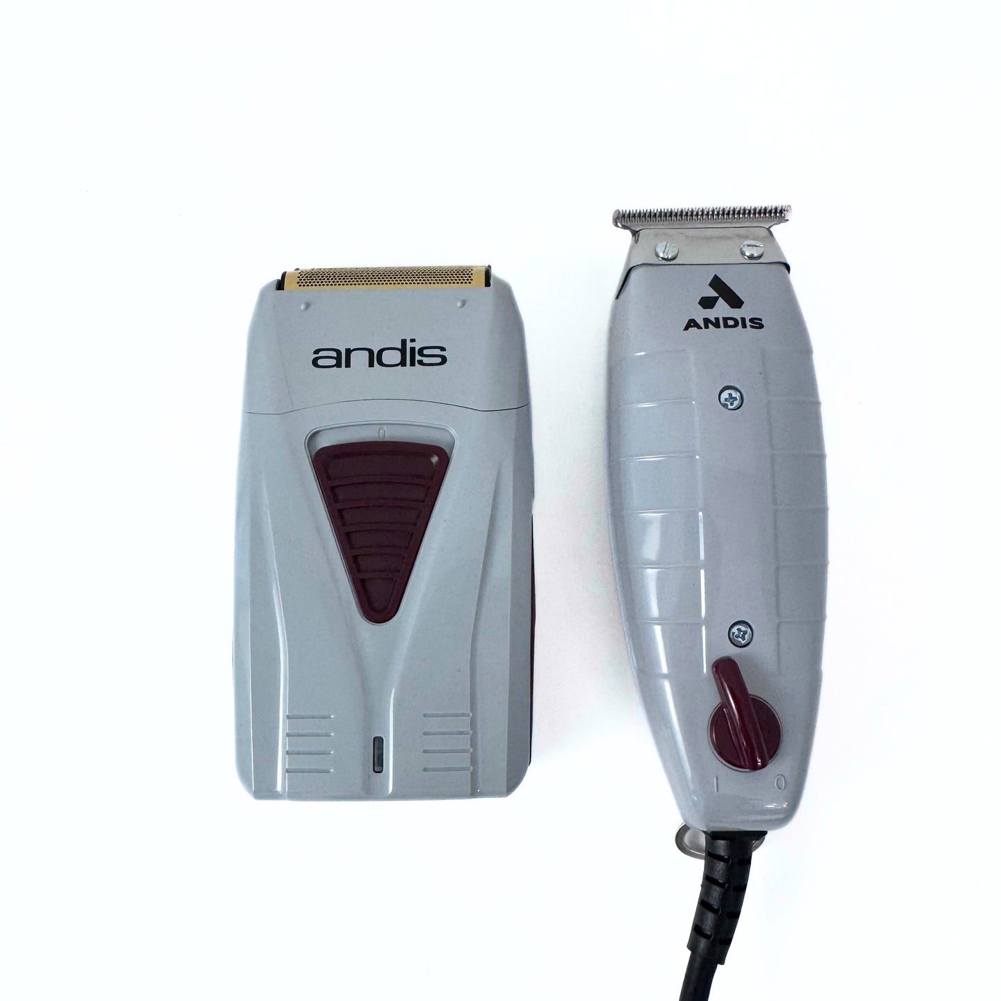 Andis  Finishing Combo T-Outliner Trimmer and Pro Foil Shaver 17195 next to each other