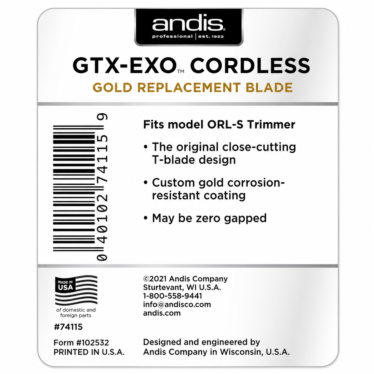 Andis GTX‑EXO Cordless Gold Replacement Blade Precision Shallow Tooth T‑Blade 74115