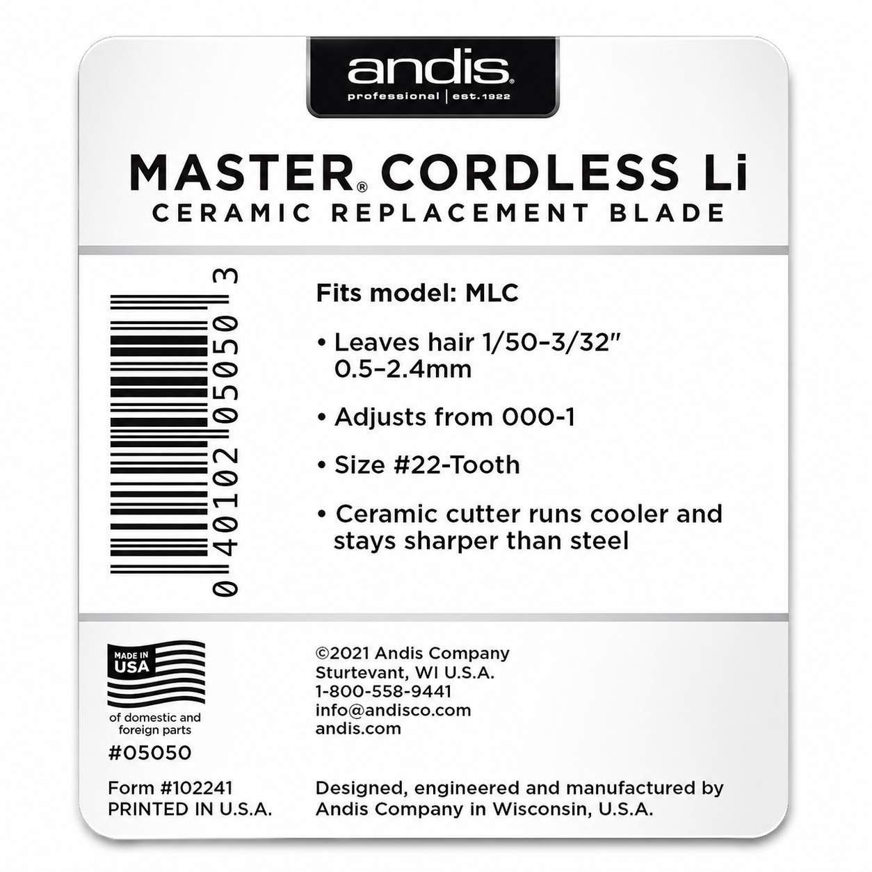 Andis Master Cordless Replacement Blade #22 Tooth Fits MLC Model OEM #05050