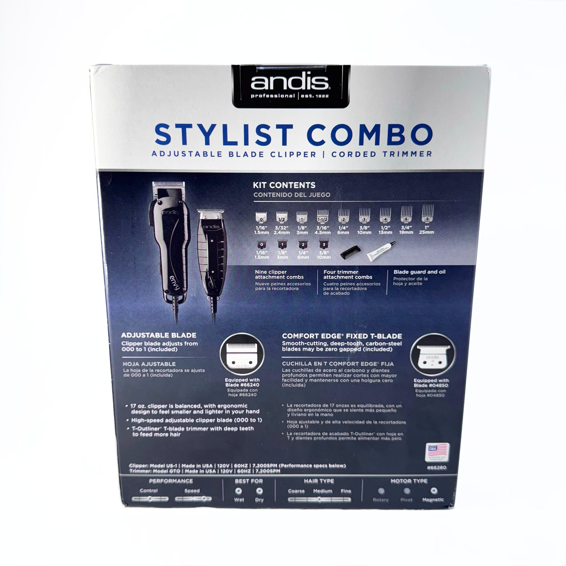 Andis Stylist Clipper and Trimmer Combo 66280 back of box
