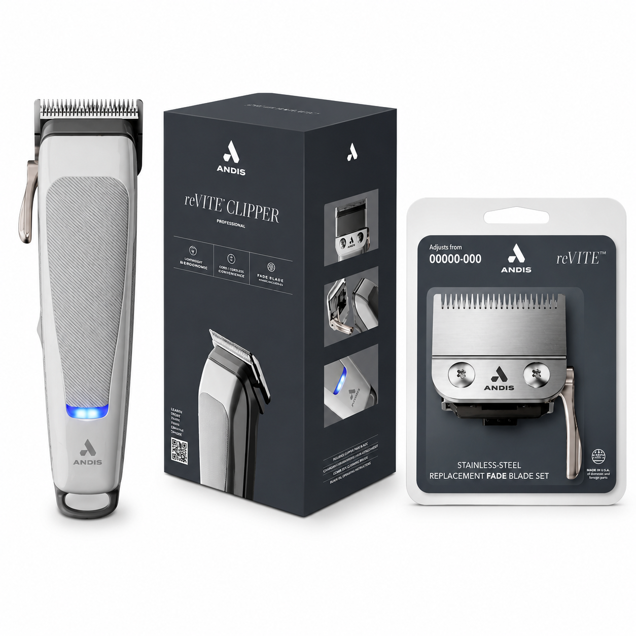 Andis reVITE Adjustable Taper Clipper & Stainless Steel Replacement Fade Blade Combo 86015+86100