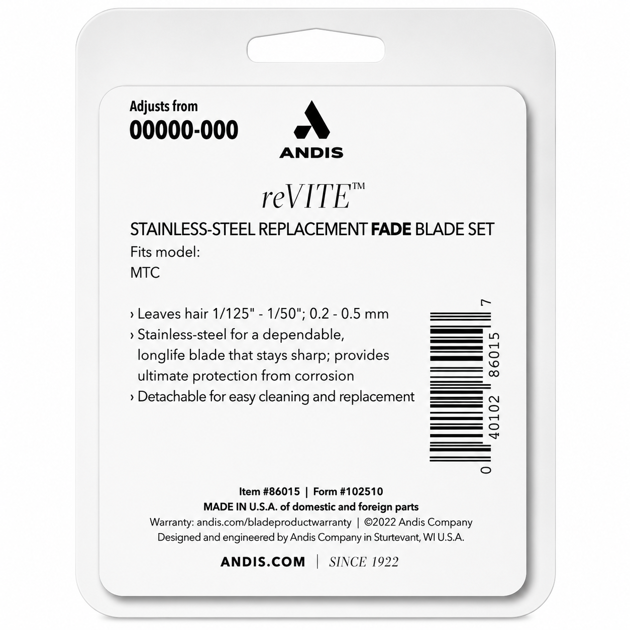 Andis reVITE Stainless Steel Replacement Fade Blade Fits reVITE Clipper 86015