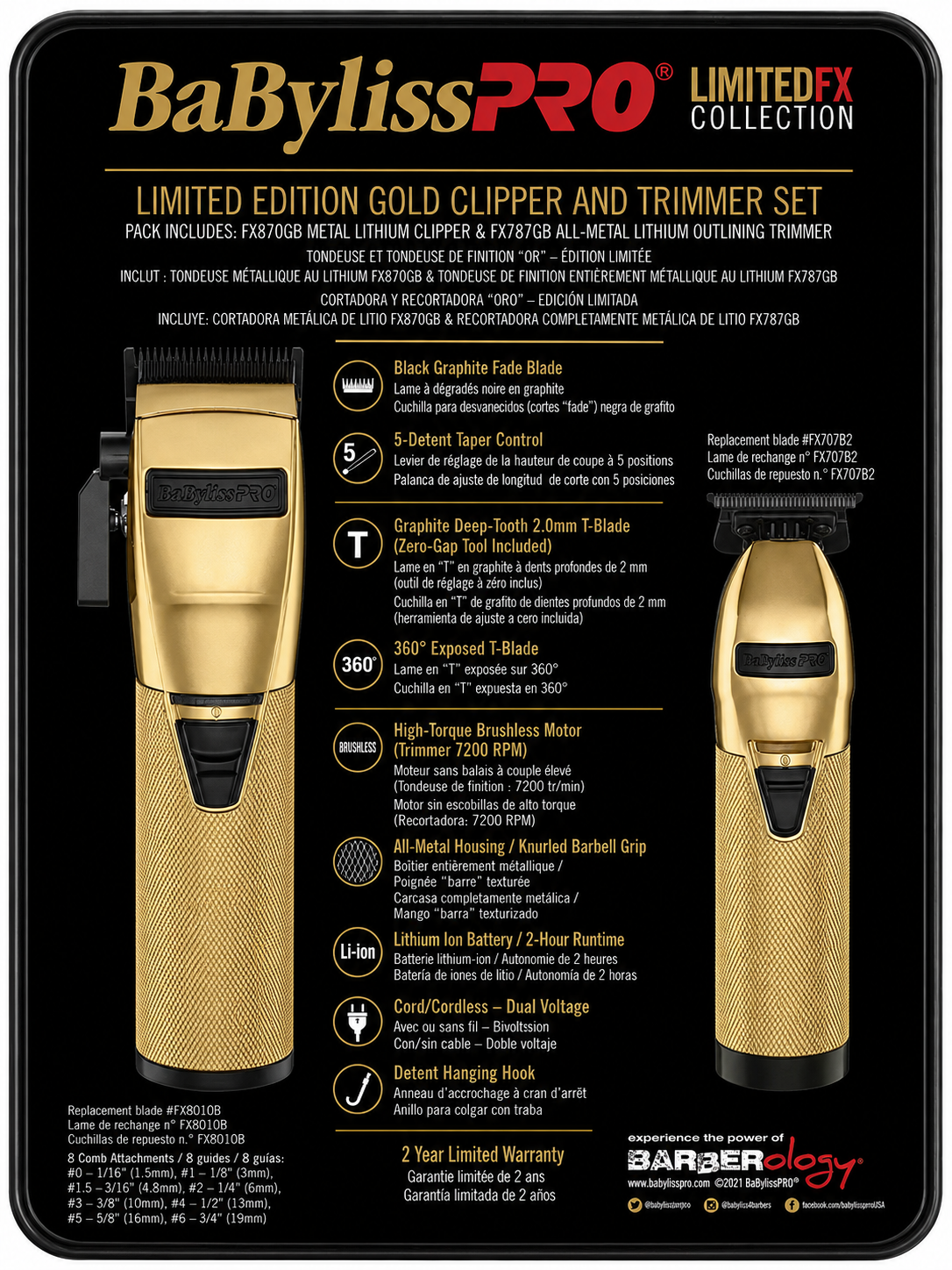 BABYLISS PRO MetalFX Series Gold Clipper and Trimmer Set FX787GB & FX870GB FXHOLPK2GB
