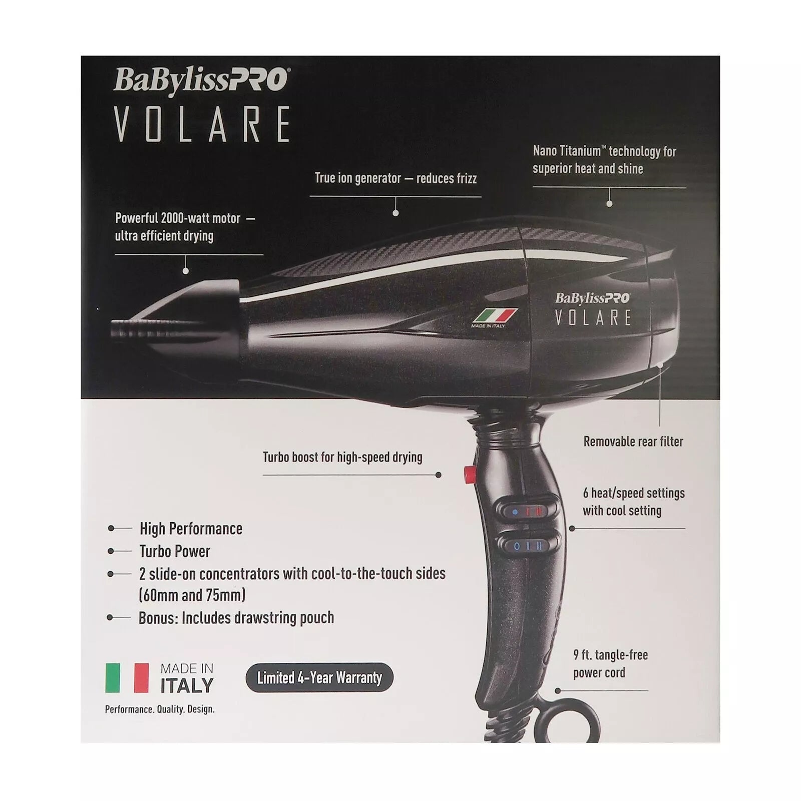 BaBylissPRO Nano Titanium Italian Performance Black Volare Hair Dryer BVOL1
