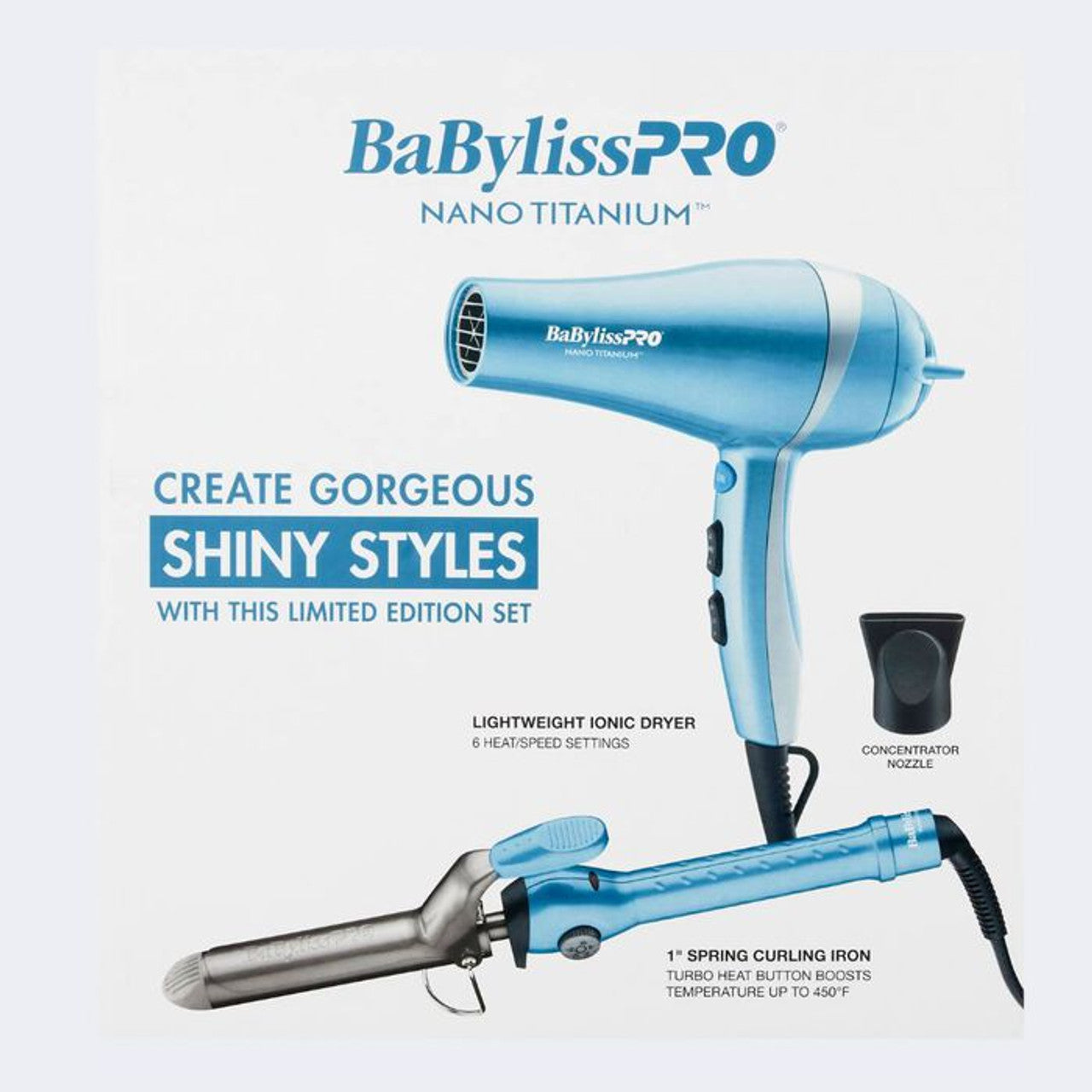 BaBylissPRO Nano Titanium Lightweight Ionic Dryer & 1" Spring Curling Iron BNTPP68
