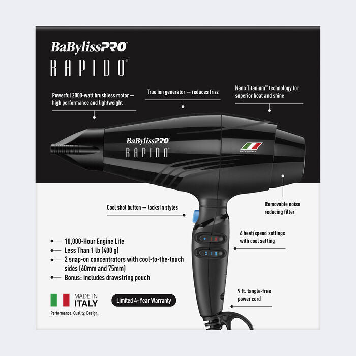 BaBylissPRO RAPIDO Blow Dryer 2000 Watts Black BRAP1