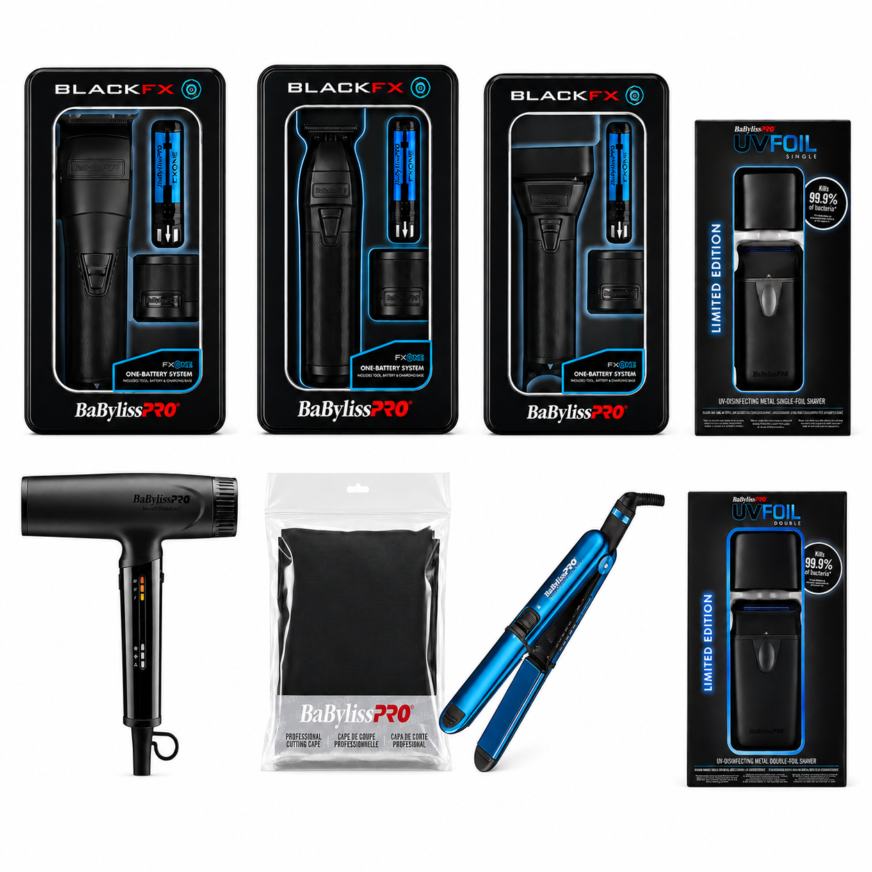BaBylissPRO 8-Piece Black Barber & Styling Bundle FX899MB, FX799MB, FX79FSMB, BBCAPEMB, BNTC9200MB, BNTMB3000TUC, FXLFS1MB & FXLFS2MB