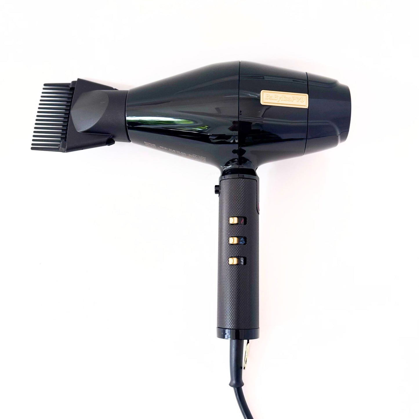 BaBylissPRO BlackFX Hair Dryer Influencer Edition FXBDB1 side view with nozzle