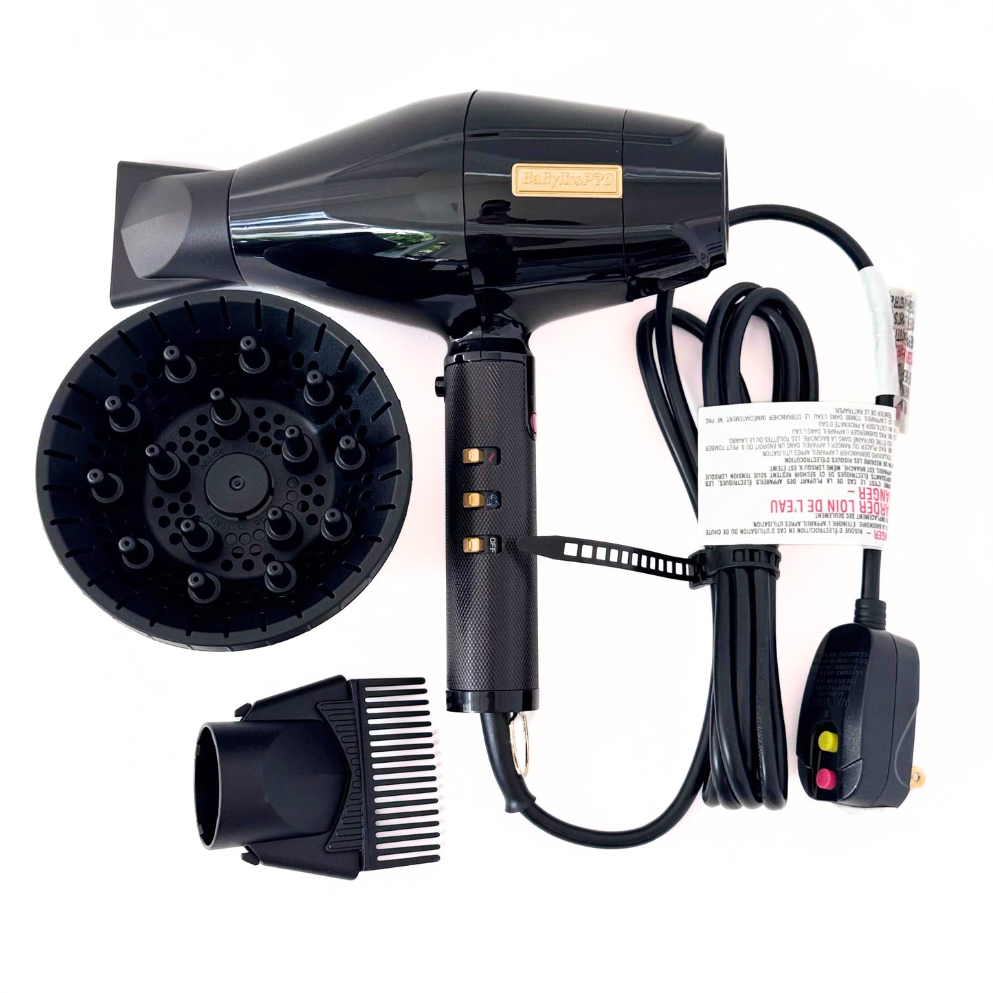 BaBylissPRO BlackFX Hair Dryer Influencer Edition FXBDB1 side view with nozzle and accessories
