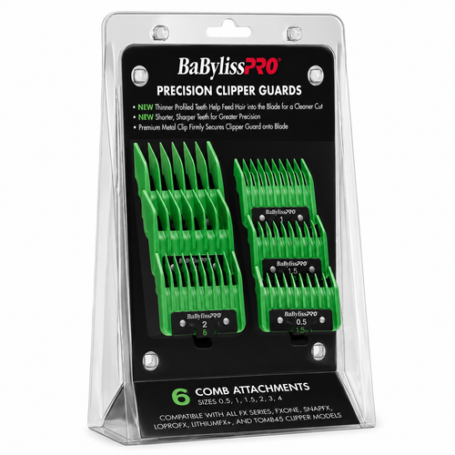 BaBylissPRO Clipper Guards 6‑Piece Green Comb Set for FX + Tomb45 Clippers FXPCG2