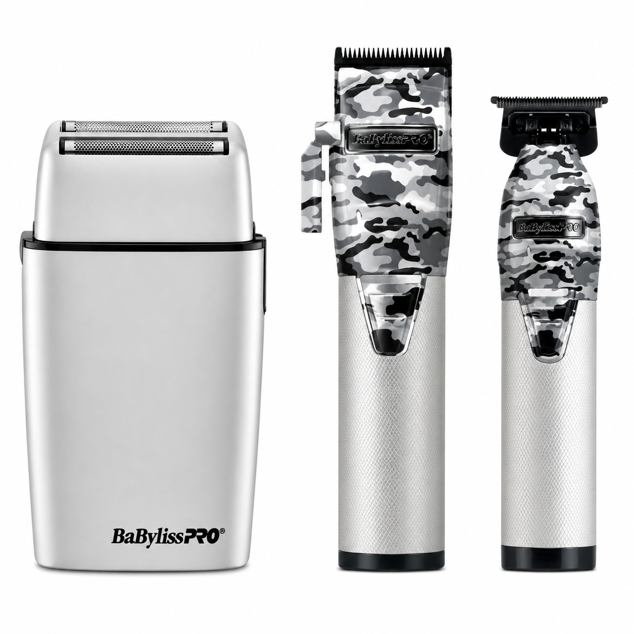 BaBylissPRO FOILFX02 Metal Double-Foil Shaver & LimitedFX Camo Metal Lithium Clipper & Trimmer Set FXHOLPK2CAM+FXFS2GY