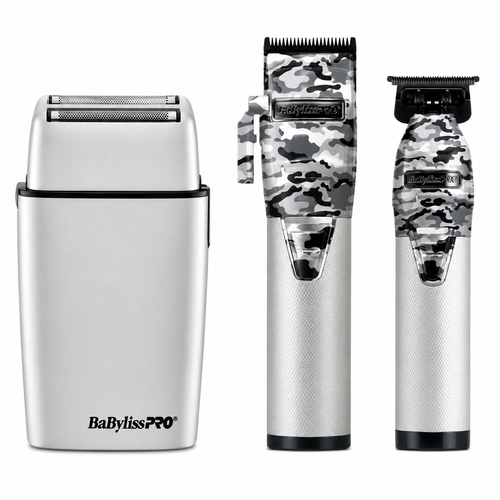 BaBylissPRO FOILFX02 Metal Double-Foil Shaver & LimitedFX Camo Metal Lithium Clipper & Trimmer Set FXHOLPK2CAM+FXFS2GY