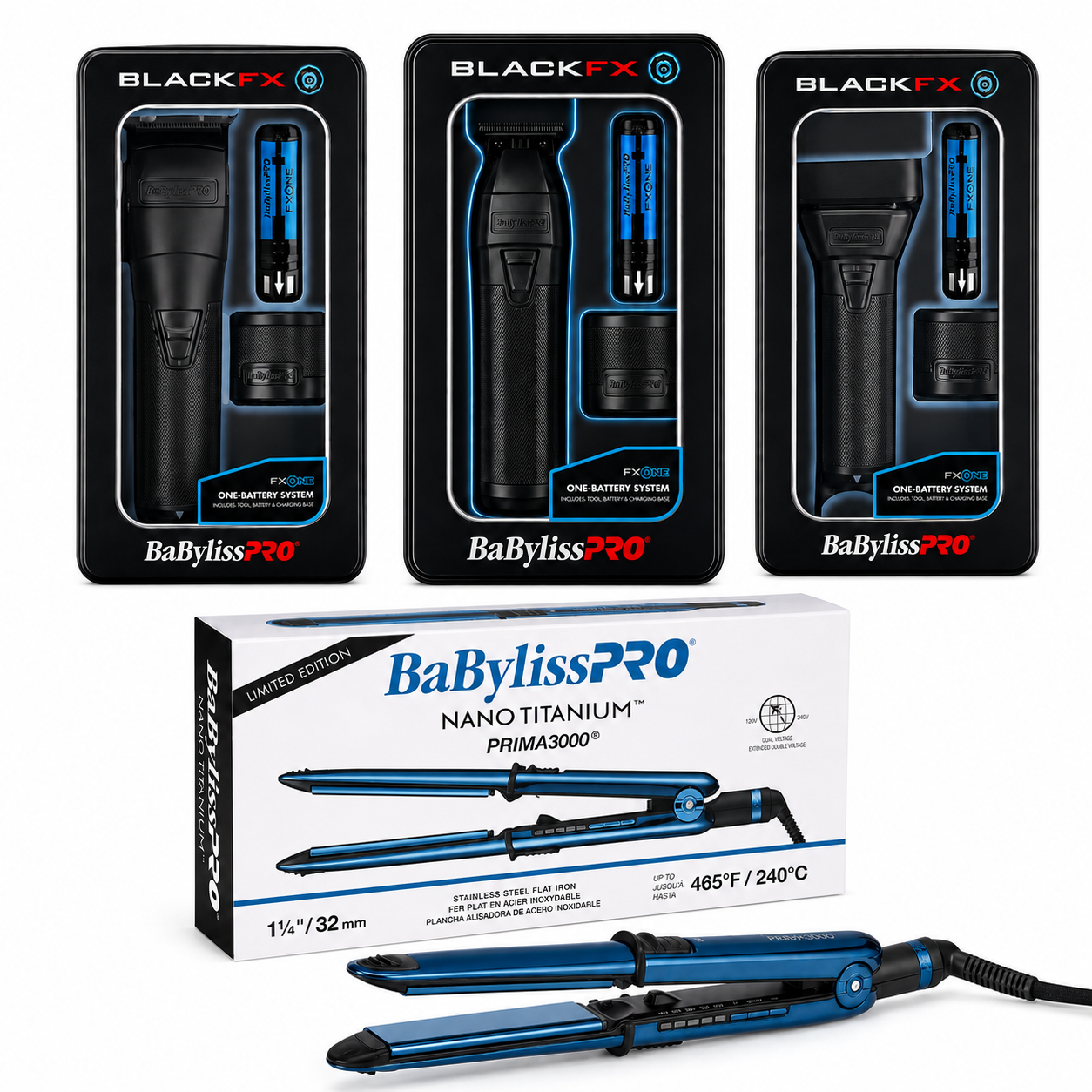 BaBylissPRO FXONE BlackFX + Prima3000 4-Piece Combo FX899MB + FX799MB + FX79FSMB + BNTMB3000TUC