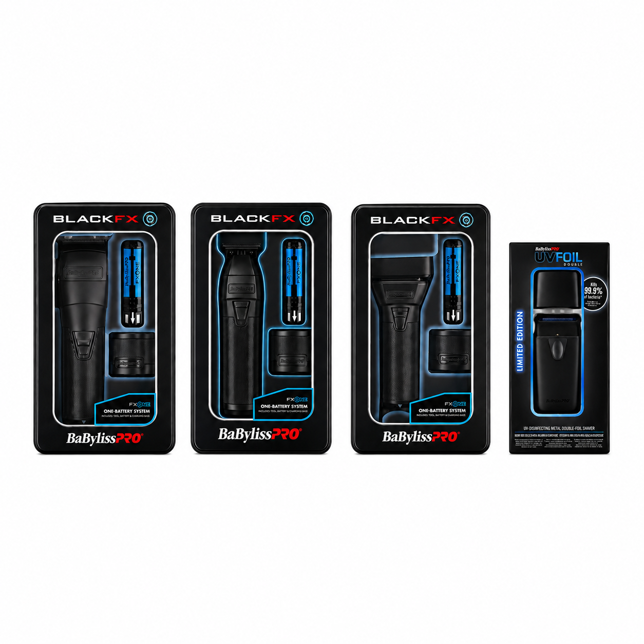 BaBylissPRO FXONE BlackFX + UVFOIL 4-Piece Barber Combo FX899MB+FX799MB+FX79FSMB+FXLFS2MB