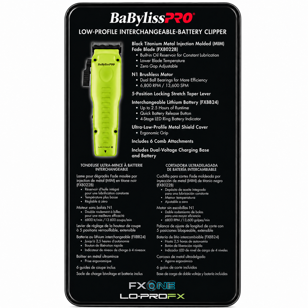 BaBylissPRO FXONE Lo-ProFX Neon Yellow Interchangeable Battery Clipper Tool Only FX829YLT