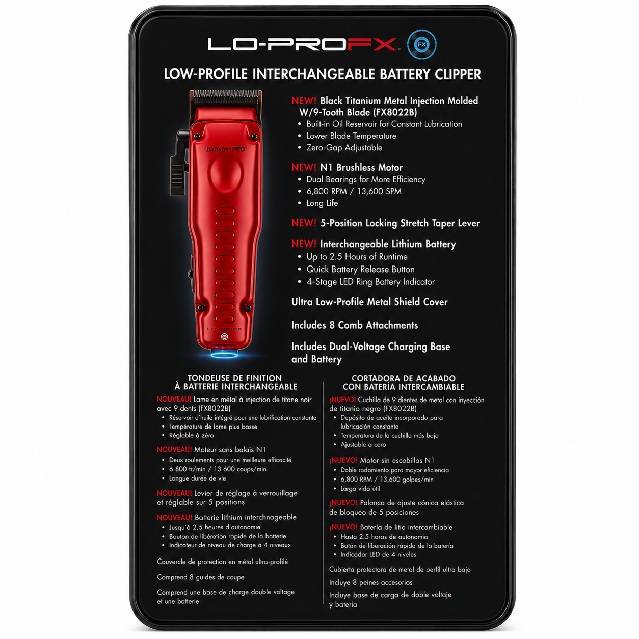 BaBylissPRO FXOne Lo-ProFX Matte Red Clipper FX829MR – Limited Edition Cordless Hair Clipper with Charging Base