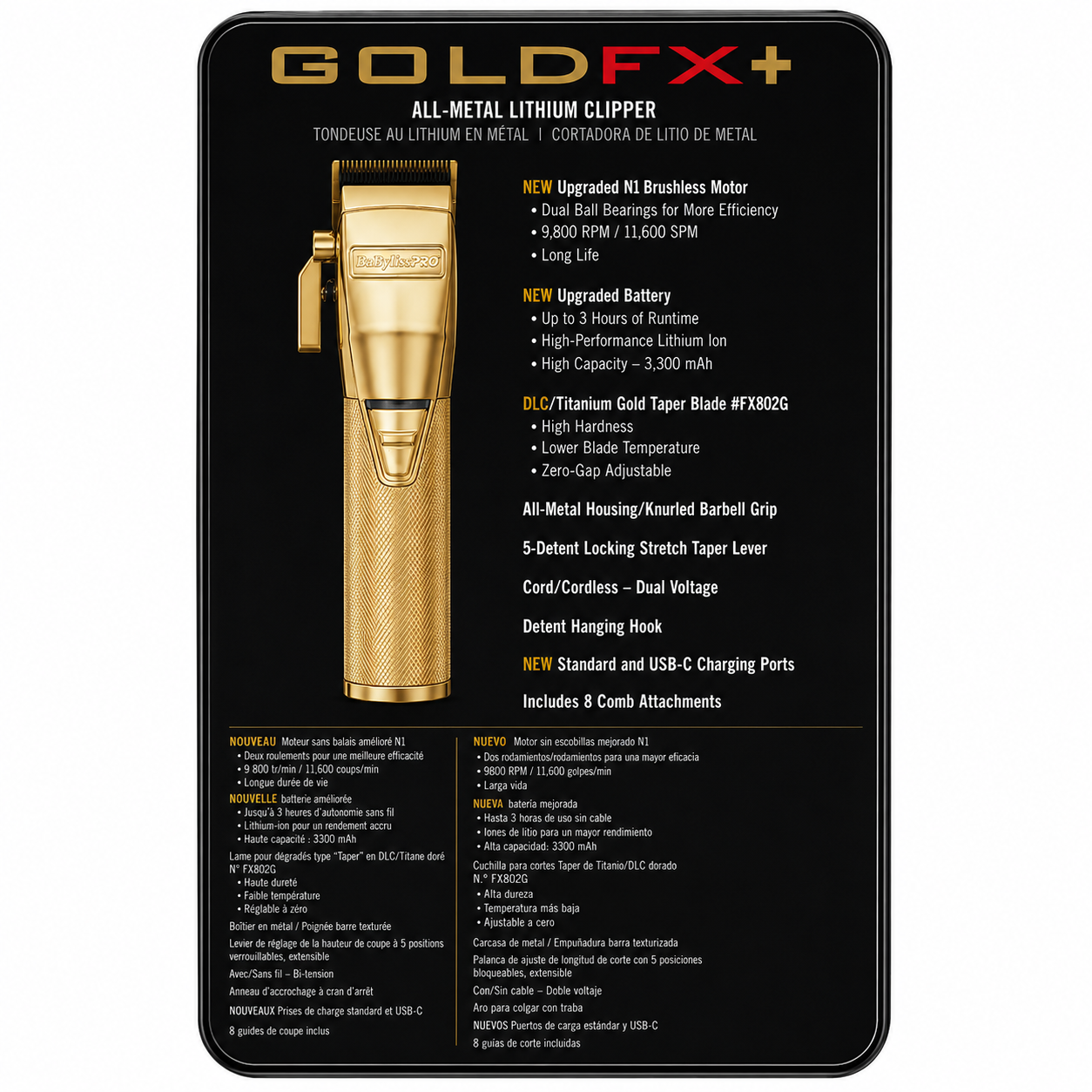 BaBylissPRO GoldFX+ All-Metal Lithium Cordless Clipper FX870NG