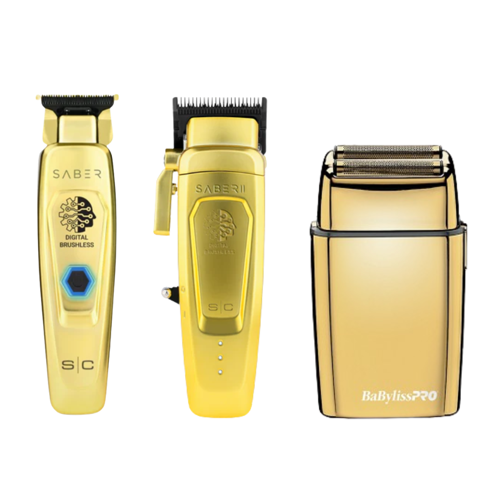 BaBylissPRO GoldFX Double Foil Shaver, Gold Saber Cordless Trimmer& Saber 2.0 SC617M SC617M+SC405G+FXFS2G