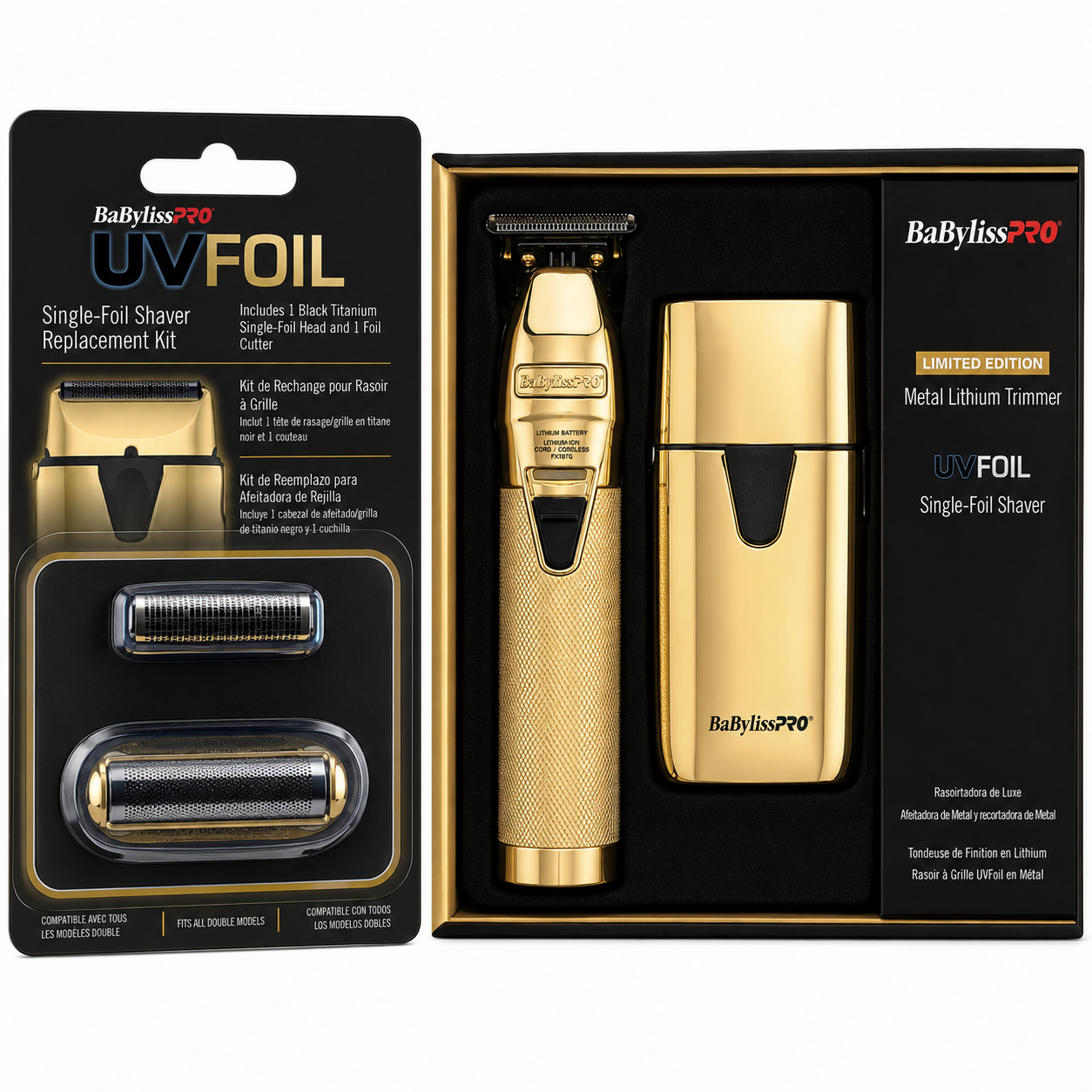 BaBylissPRO GoldFX Trimmer & UVFOIL Single Foil Shaver Combo – FXLFHOLPKG + UV Disinfecting Replacement Foil – FXLRF1G