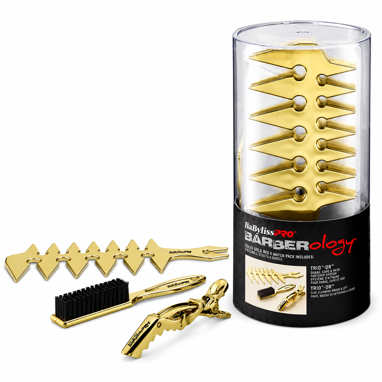 BaBylissPRO Gold Trio Mix Bucket Professional Barber Comb, Brush & Clip Set BBCKT15G