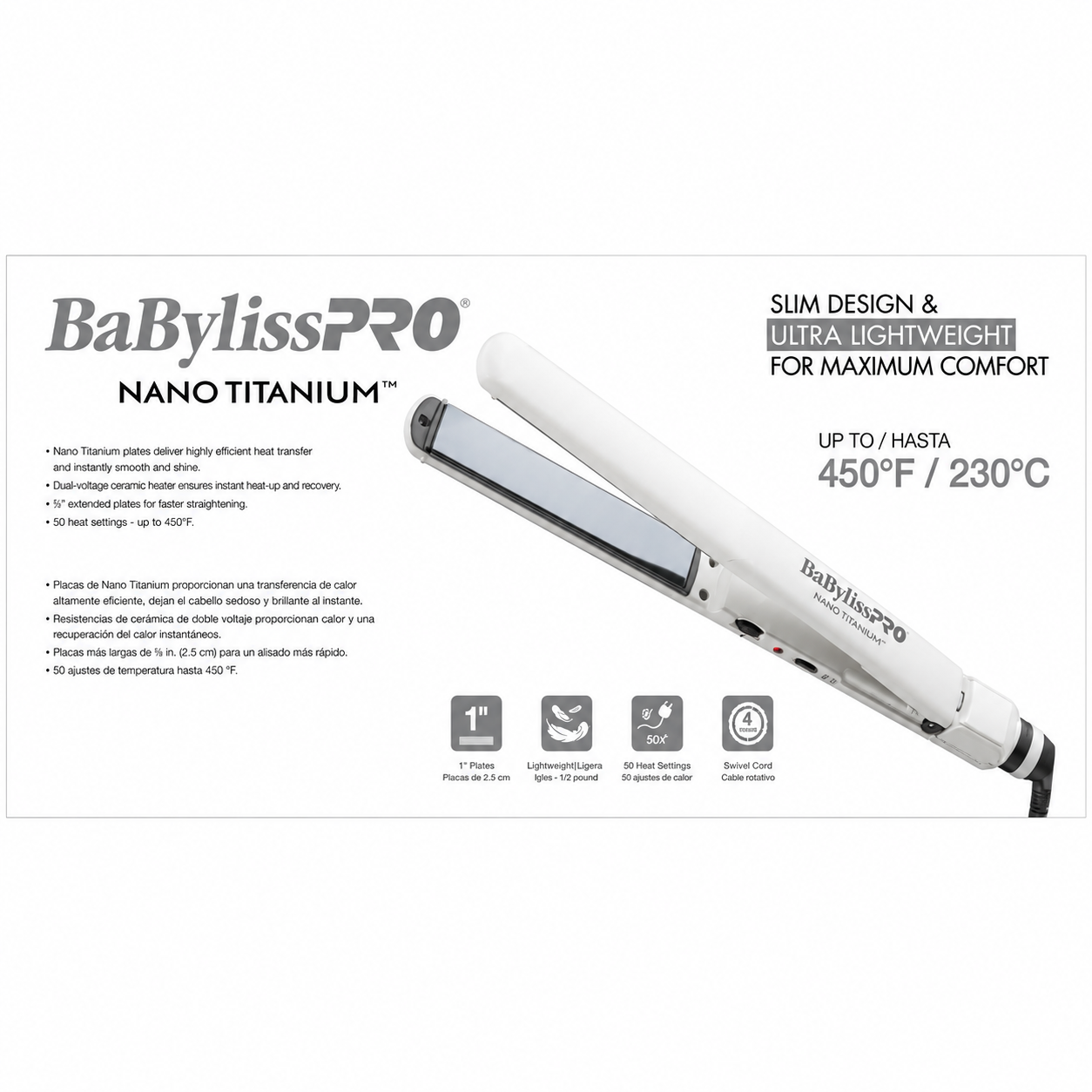 BaBylissPRO Limited Edition 1″ Nano Titanium Ultra‑Thin Flat Iron Grey BNT4072TGY