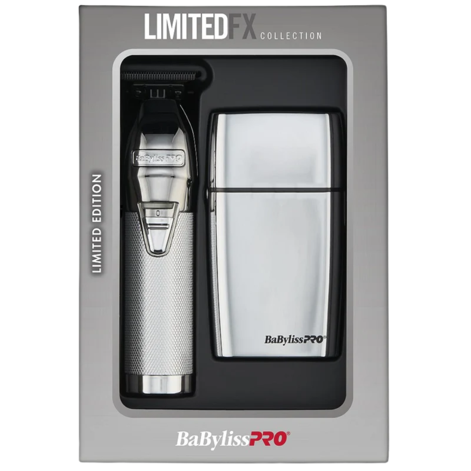 BaBylissPRO Limited Edition Silver Trimmer & Double Foil Shaver Combo – Premium Professional Grooming Set (FXDUOFS2TS)