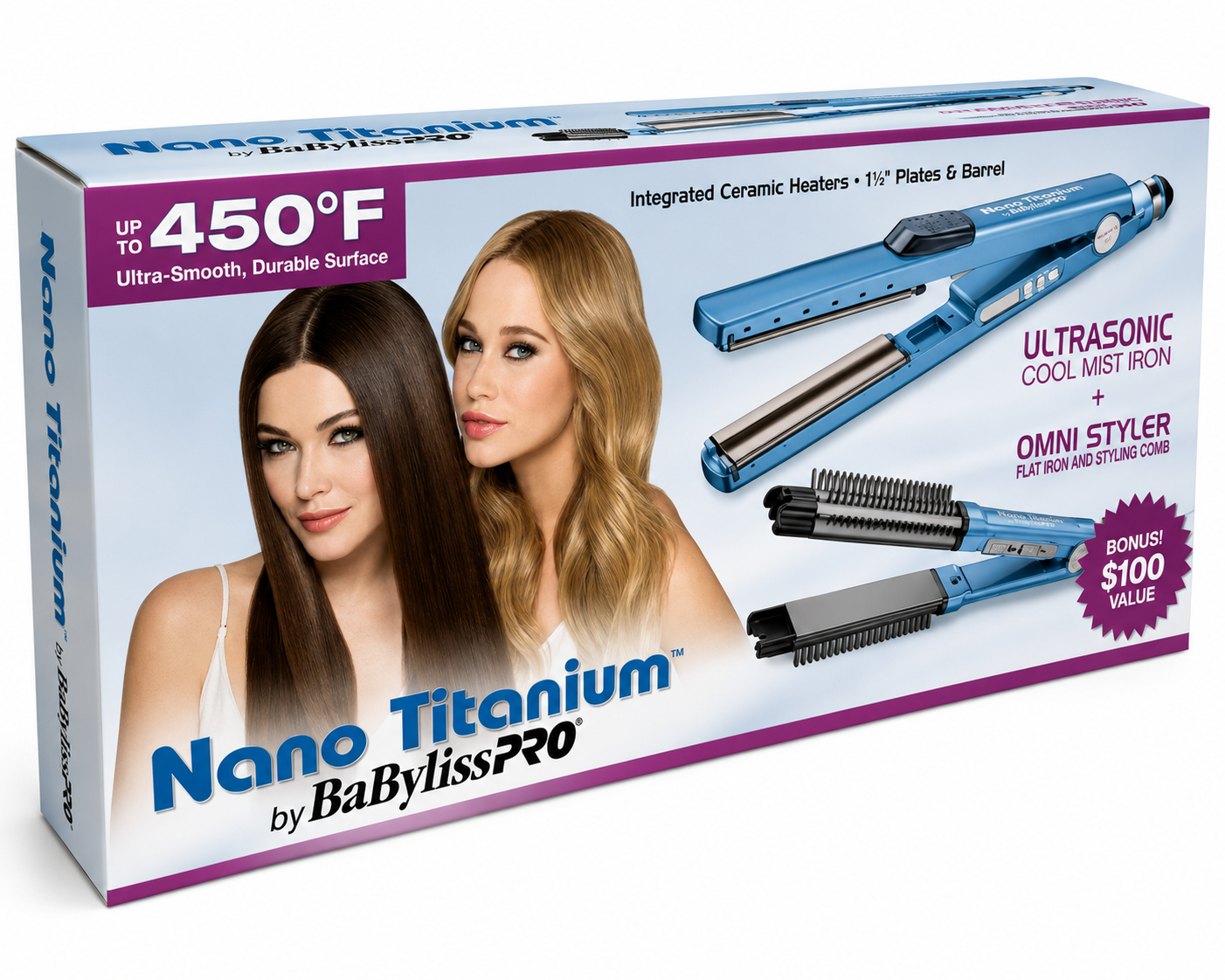BaBylissPRO Nano Titanium 1-1/4" Ultrasonic Cool Mist Flat Iron & Omni Styler Set BABNTPP17