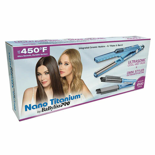 BaBylissPRO Nano Titanium 1-1/4" Ultrasonic Cool Mist Flat Iron & Omni Styler Set BABNTPP17 front box