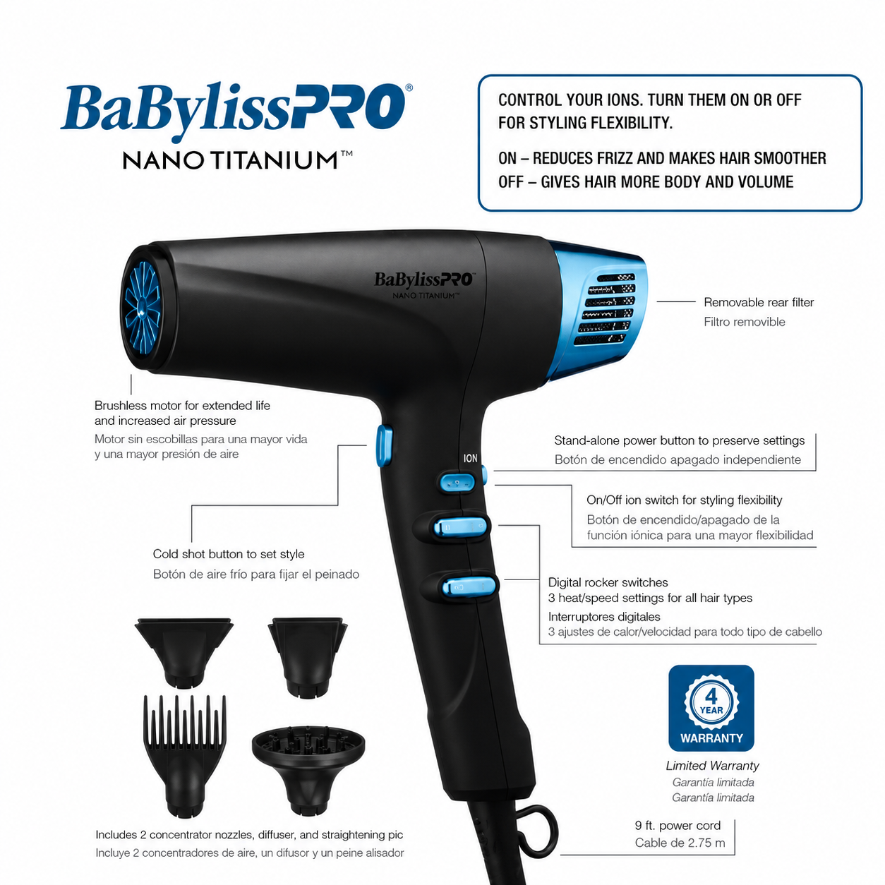 BaBylissPRO Nano Titanium Black & Blue High-Speed Ionic Hair Dryer BNTMB9100