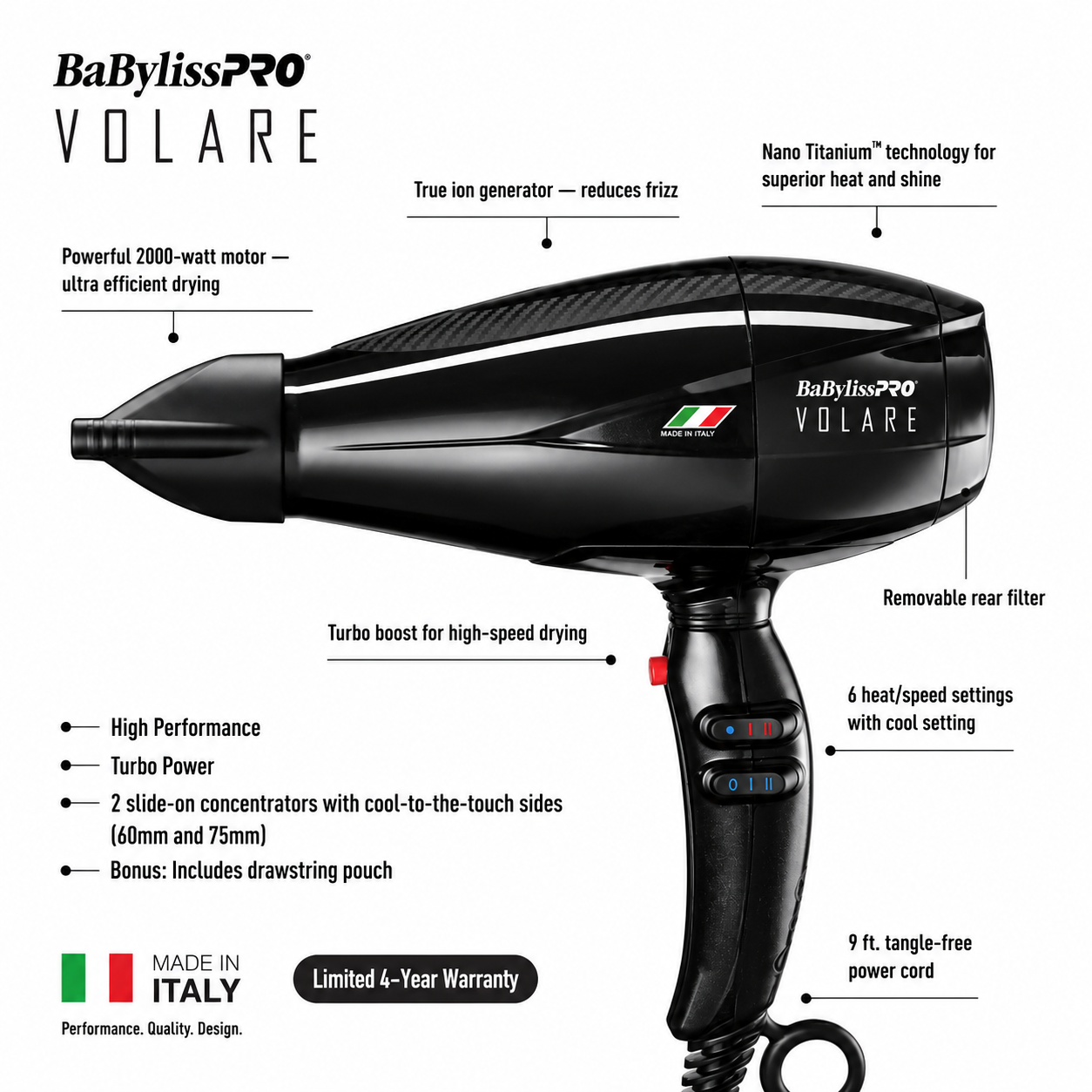 BaBylissPRO Nano Titanium Italian Performance Black Volare Hair Dryer BVOL1
