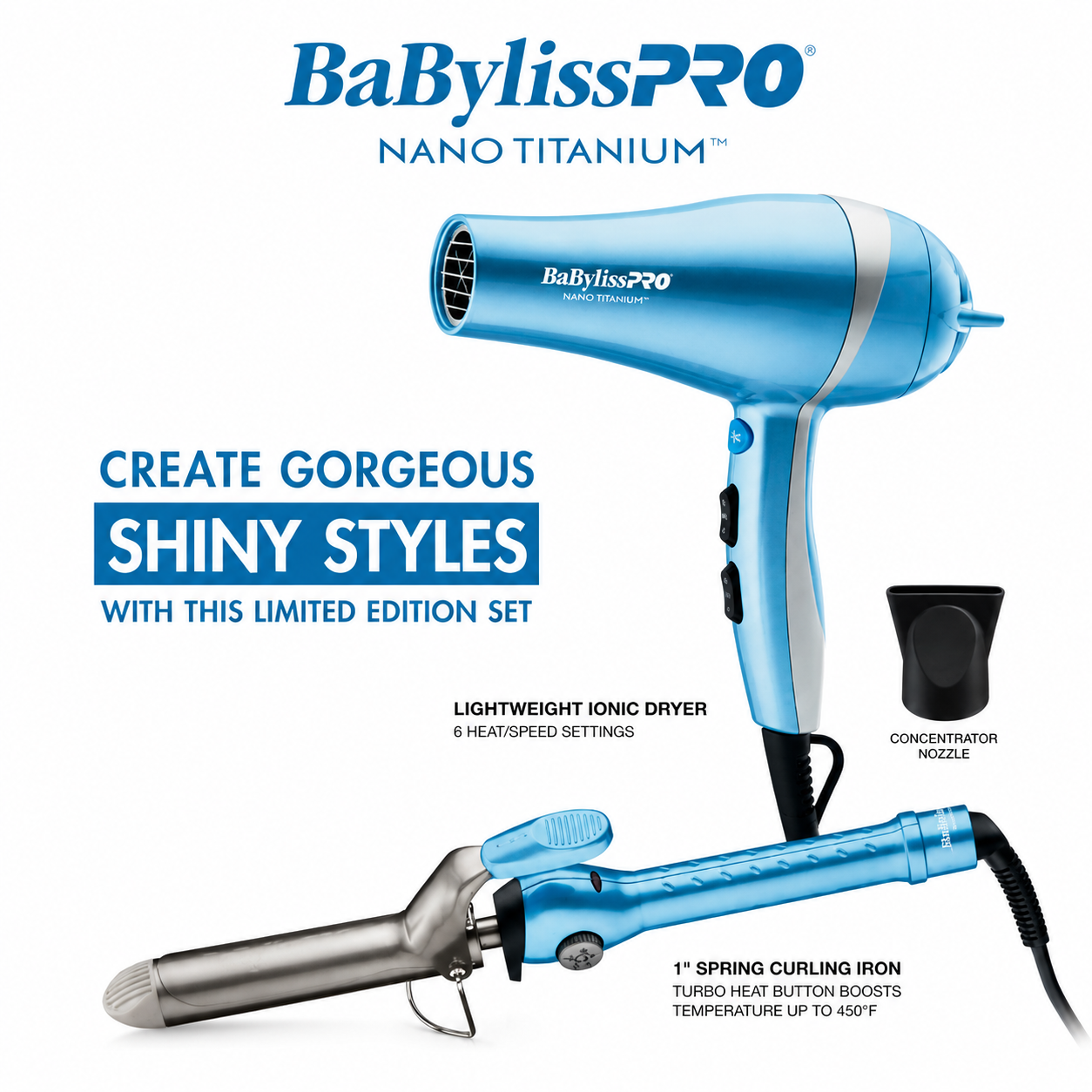 BaBylissPRO Nano Titanium Lightweight Ionic Dryer & 1" Spring Curling Iron BNTPP68