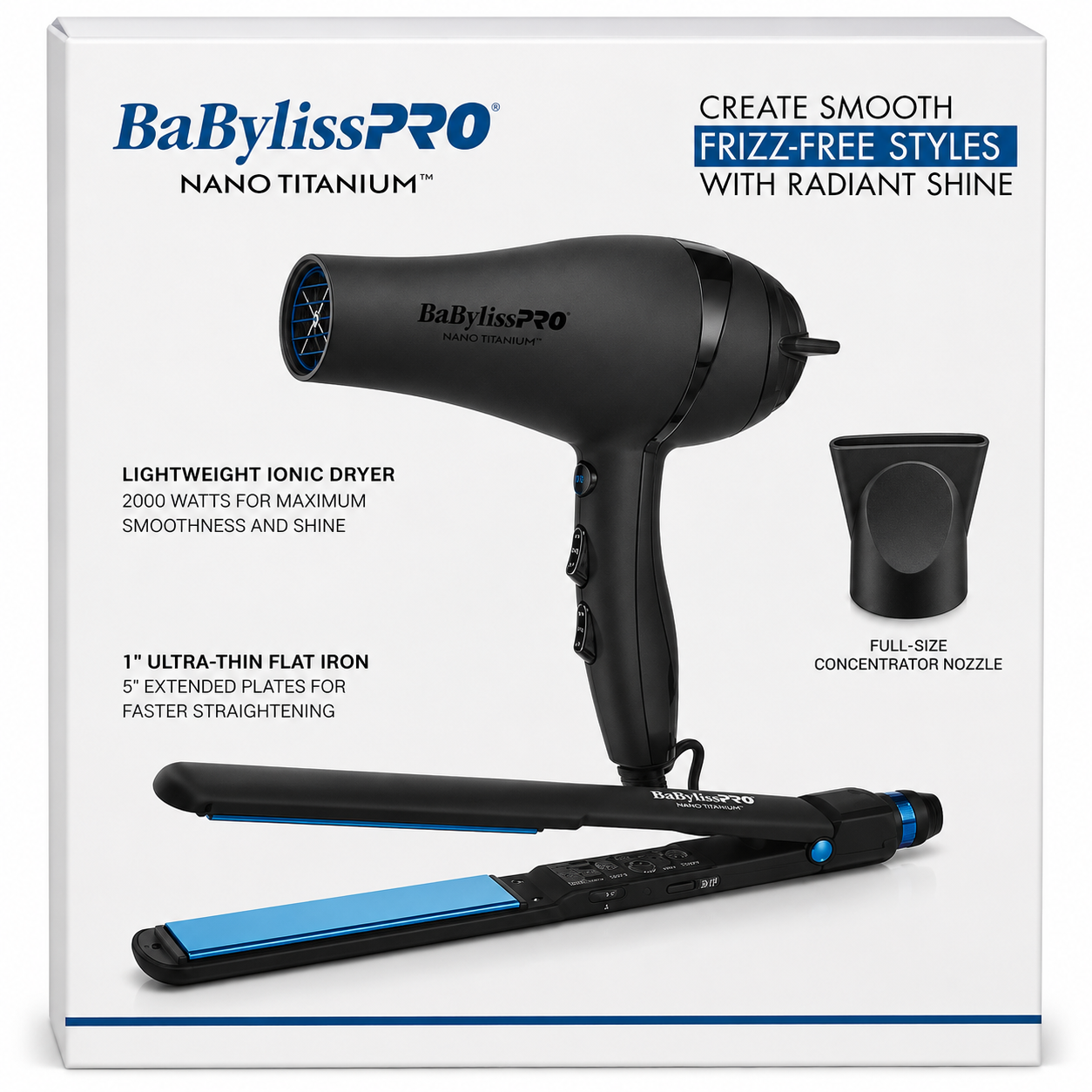 BaBylissPRO Nano Titanium Lightweight Ionic Dryer & 1" Ultra‑Thin Flat Iron Set  BNTPPMB415