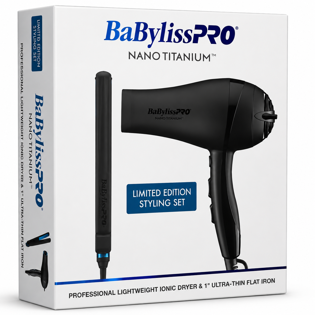 BaBylissPRO Nano Titanium Lightweight Ionic Dryer & 1" Ultra‑Thin Flat Iron Set  BNTPPMB415