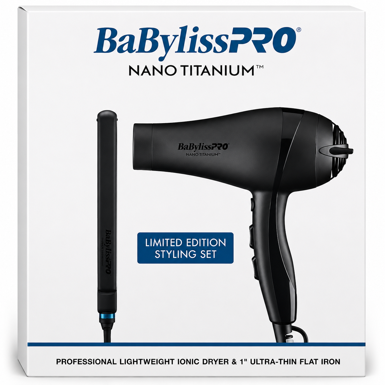 BaBylissPRO Nano Titanium Lightweight Ionic Dryer & 1" Ultra‑Thin Flat Iron Set  BNTPPMB415