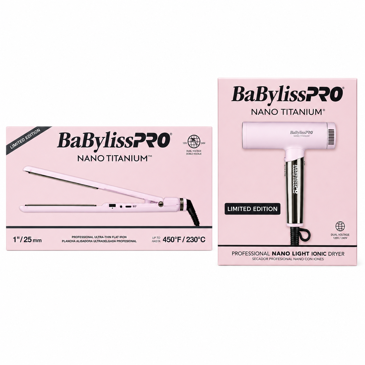 BaBylissPRO Nano Titanium Pink Hair Dryer & 1" Ultra-Thin Flat Iron Combo BNTC9200PK & BNT4072TPK