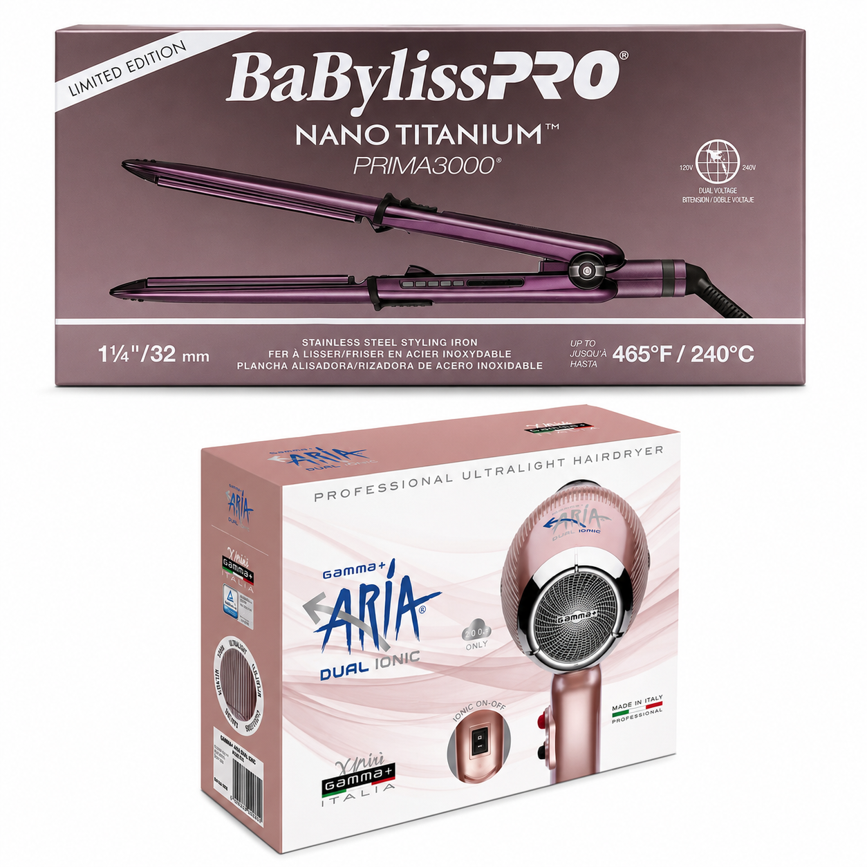 BaBylissPRO Nano Titanium Purple Prima3000 1¼" Flat Iron (BNTP3000TUC) + GAMMA Aria Pro 1875W Combo GPADIRG