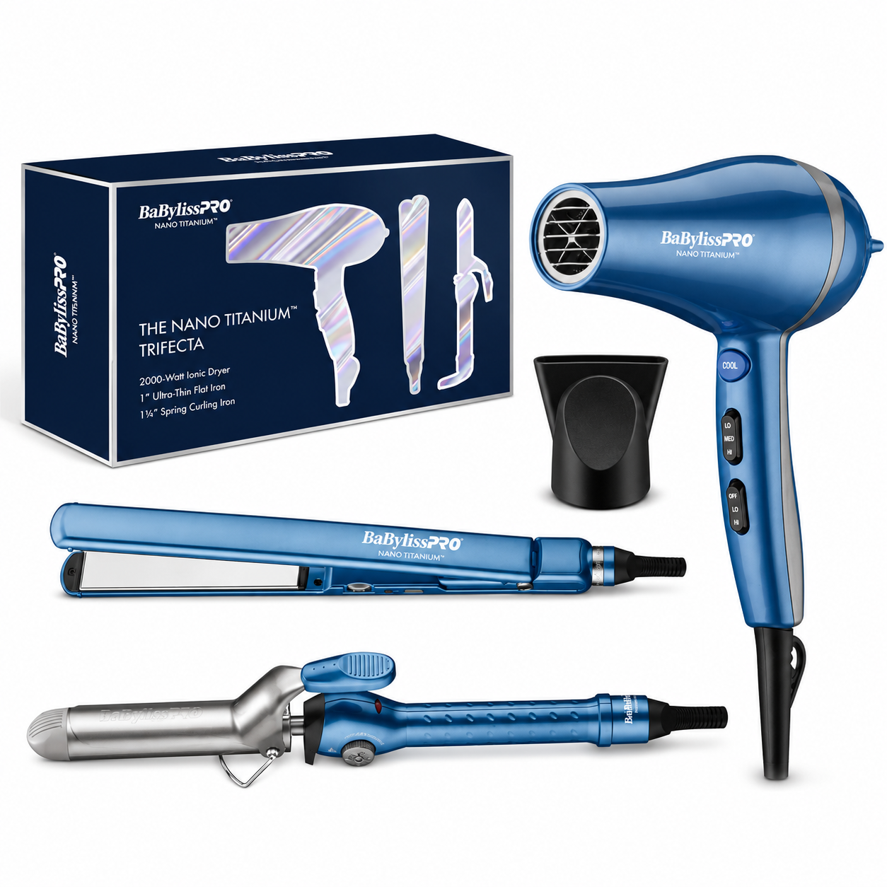 BaBylissPRO Nano Titanium Trifecta Gift Box Dryer, Flat Iron & Curling Iron BNTPP49TUC